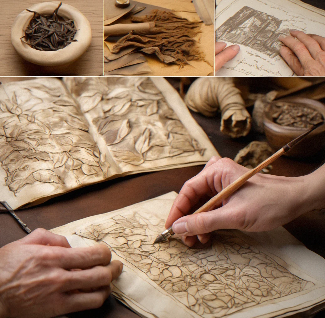 Hands holding aged paper samples showing progression from white to dark brown tea-staining with visible fiber texture