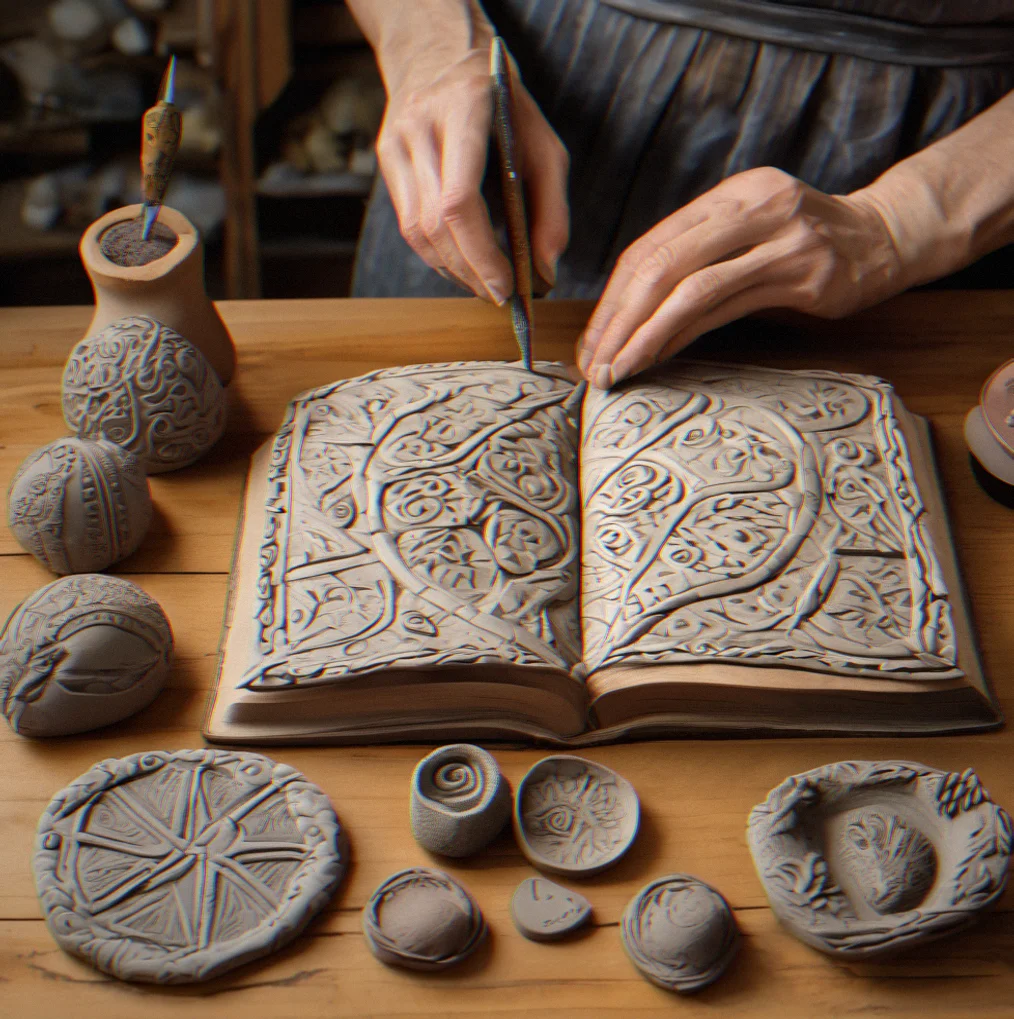 Five polymer clay artifacts at different completion stages showing various surface textures and finishing techniques