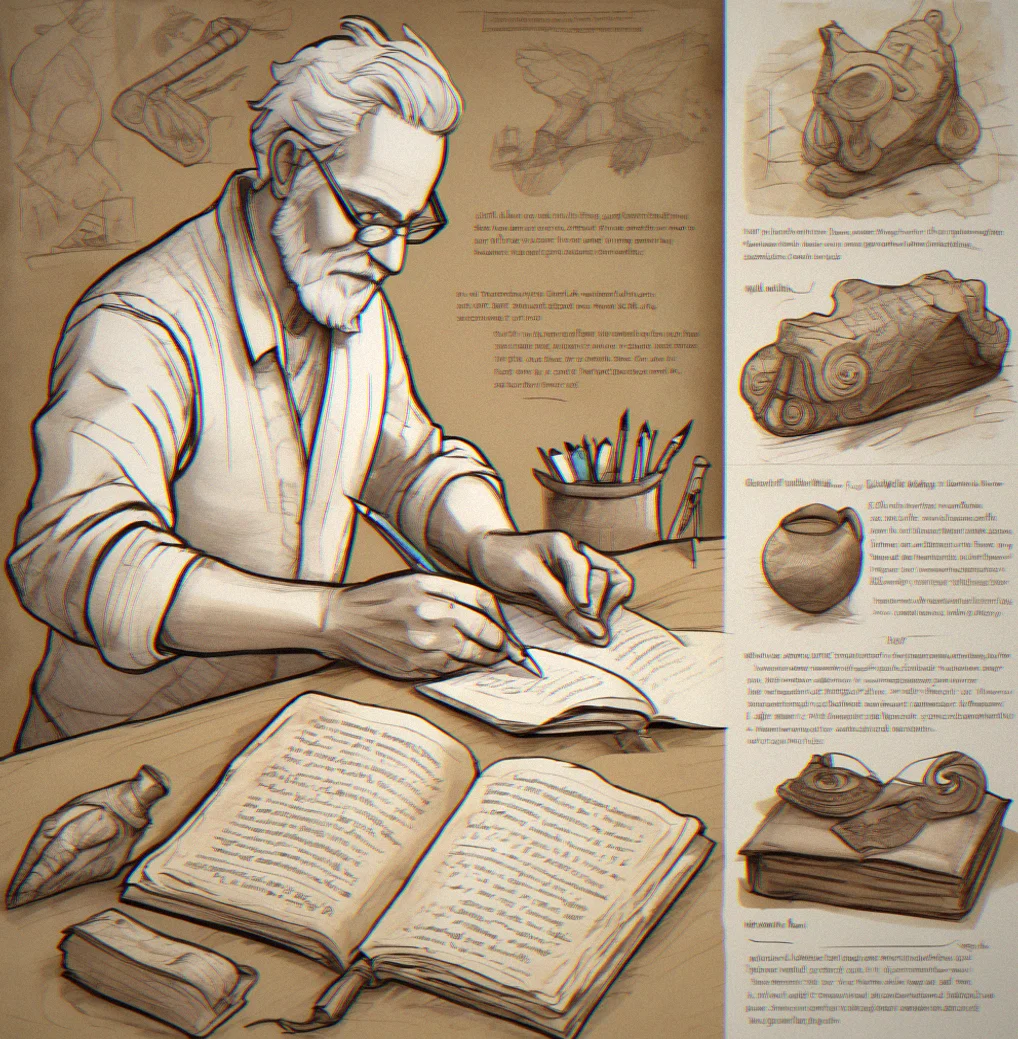 Craftsperson comparing completed artifact to open worldbuilding document with sketches and lore notes