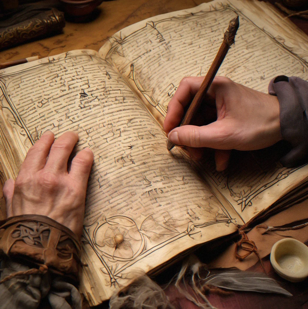 Worn grimoire pages stained with tea, fibers visible, opened to show handwritten text