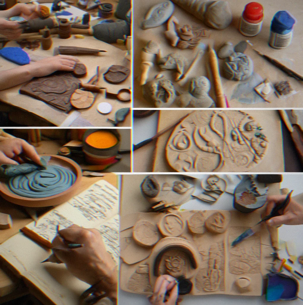 Polymer clay pieces at different stages of sculpting, surrounded by tools and reference photos