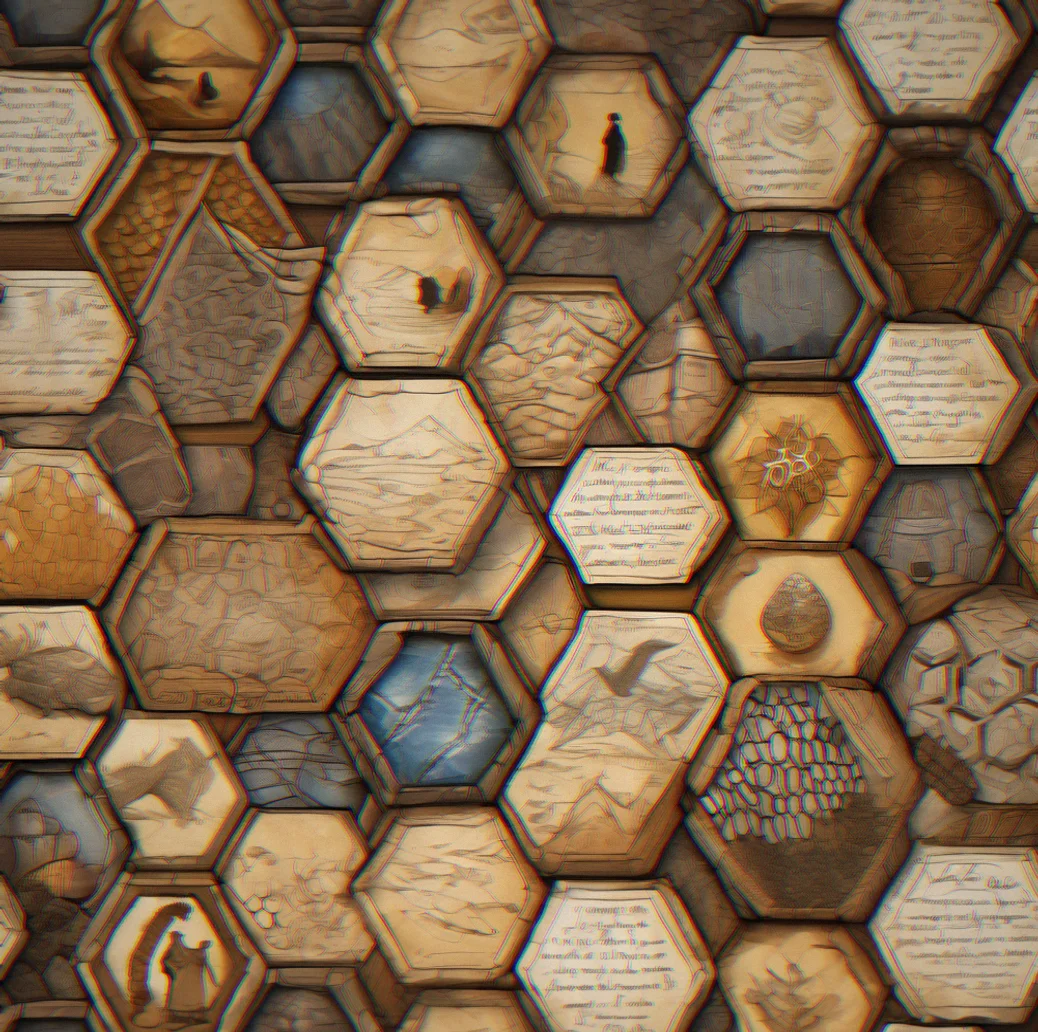 Twelve hexagonal terrain tiles in a honeycomb pattern, painted with features and lore catds slotted in