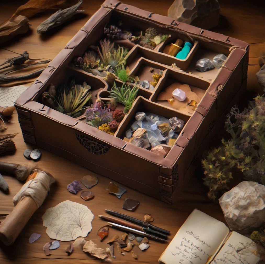 Leather spell component box with compartments full of dried plants, minerals, and labeled materials