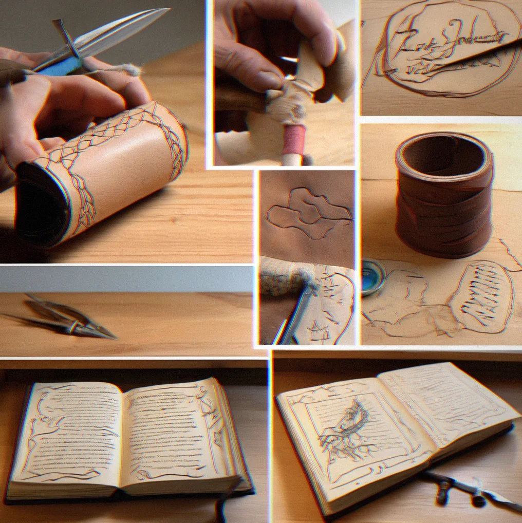 Leather binding mid-project on a wooden bench, showing sewn signatures, thread, and bone folder