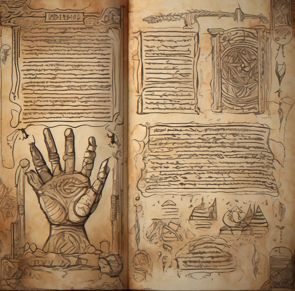 Detail of a grimoire page with three glyph techniques side by side: stamped, hand-drawn, and embossed