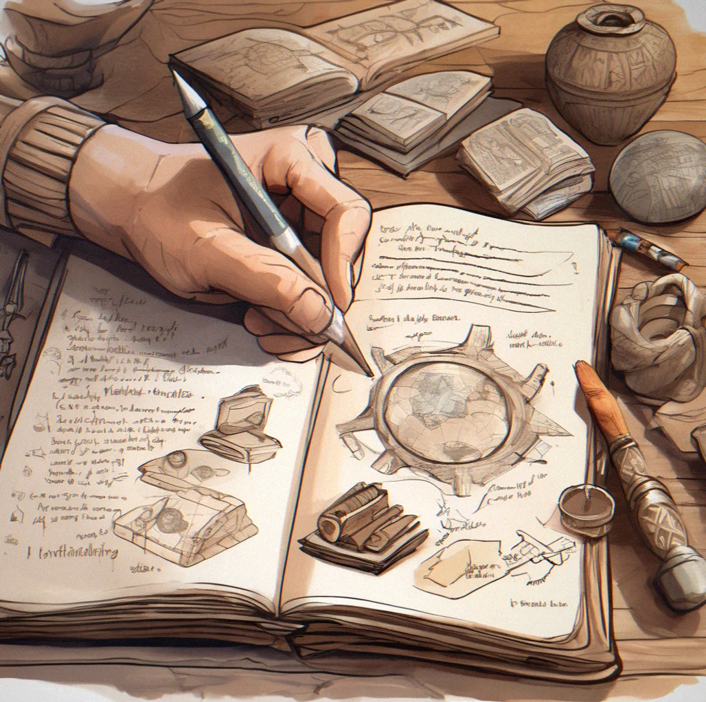 Someone comparing a finished artifact to their worldbuilding notes and sketches spread out next to it