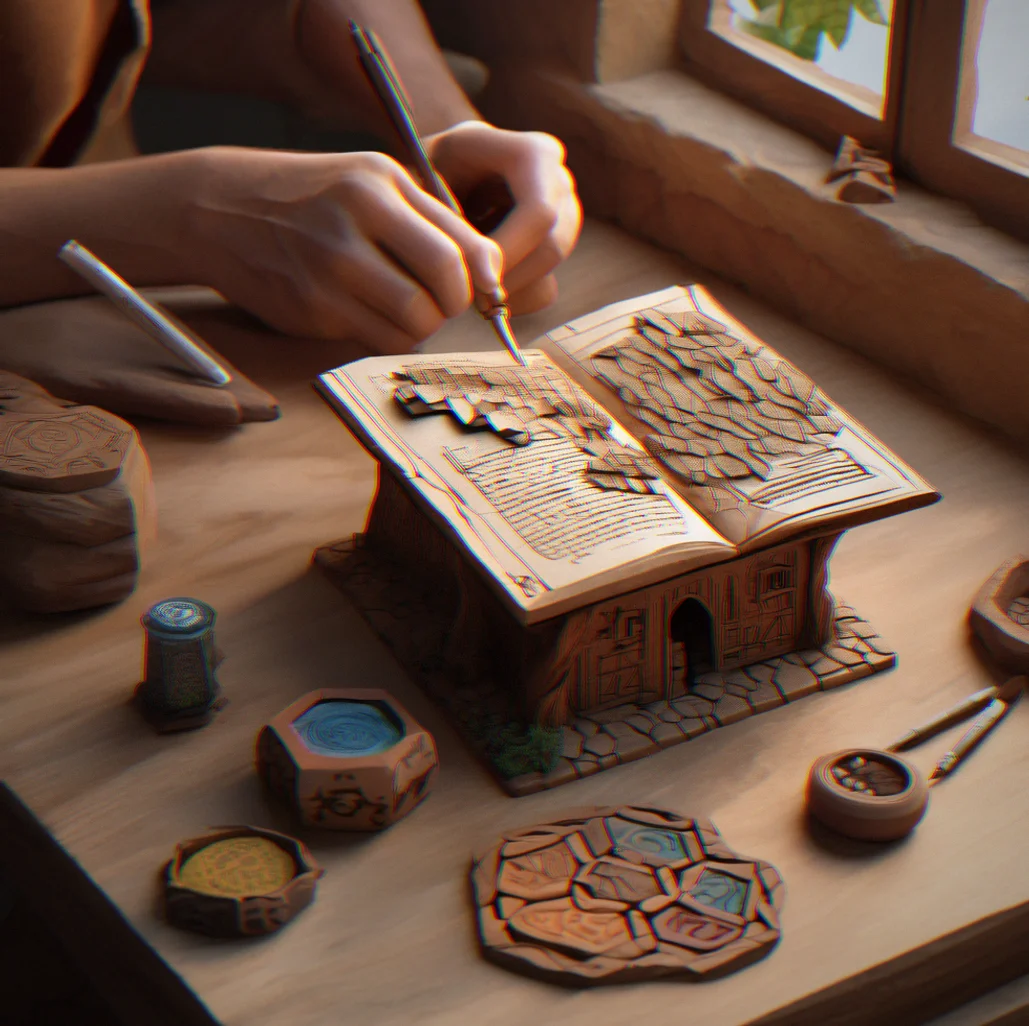 Completed terrain diorama in natural light, showing how the modular hex tiles work together with the story elements built in