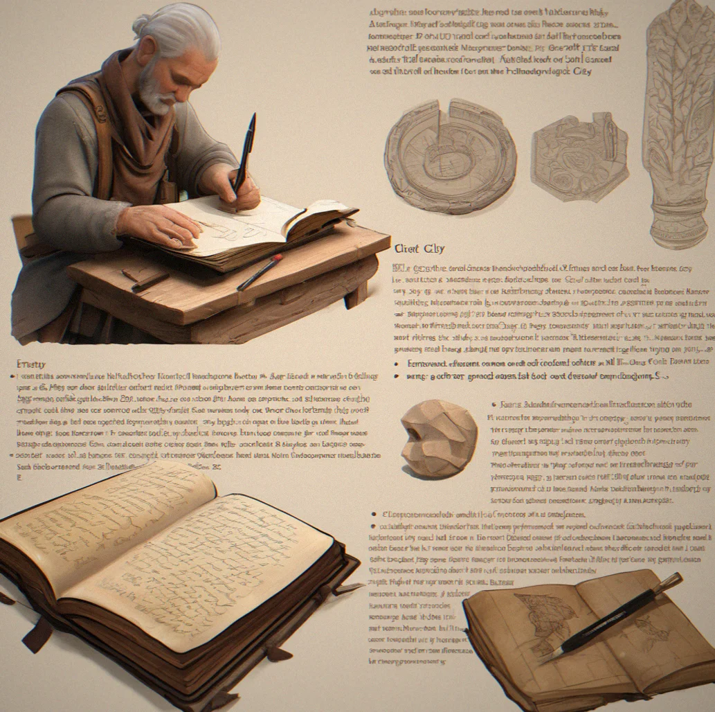 Worldbuilding document open alongside finished artifact replica showing comparison process