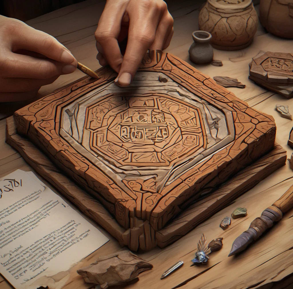 Hexagonal terrain tile with inserted lore card showing integrated slot design and written content