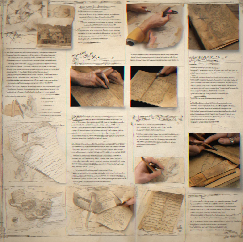 Project notes with crossed-out sections, annotations and photos showing abandoned approaches and revisions