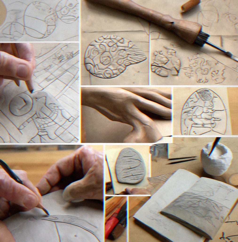 Polymer clay artifact in mid-sculpting showing tool marks, reference sketches, and surface texture work in progress