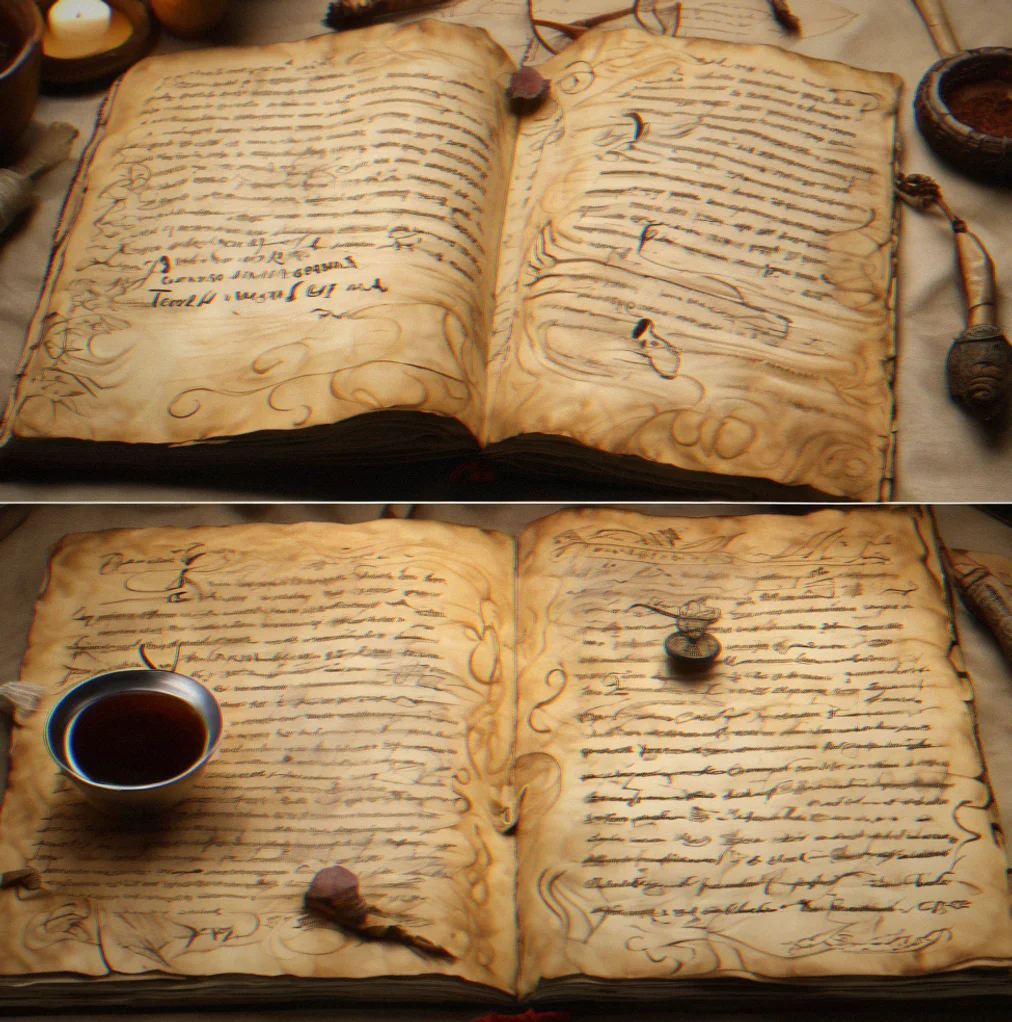 Three aged grimoire pages showing progression of tea staining with visible fiber texture and hand-written notation in constructed script