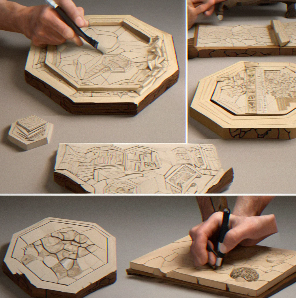 Ten hexagonal terrain tiles in various stages of assembly showing base terrain painting, lore block slot installation, and edge finishing