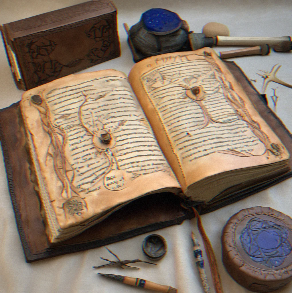 Completed leather-bound grimoire open to show aged pages, sewn signature binding, and hand-lettered glyph work throughout
