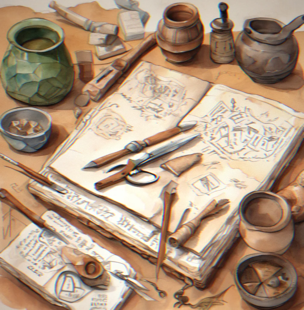 Workbench with cotton rag paper sheets, brewing tea in cerwmic bowl, scissors, bone folder, and open worldbuilding notebook