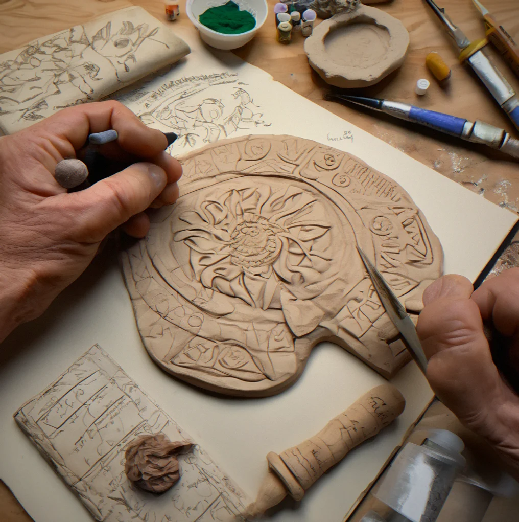 Polymer clay artifact in progress with sculpting tools, hand-written reference sketches, and material samples showing texture options