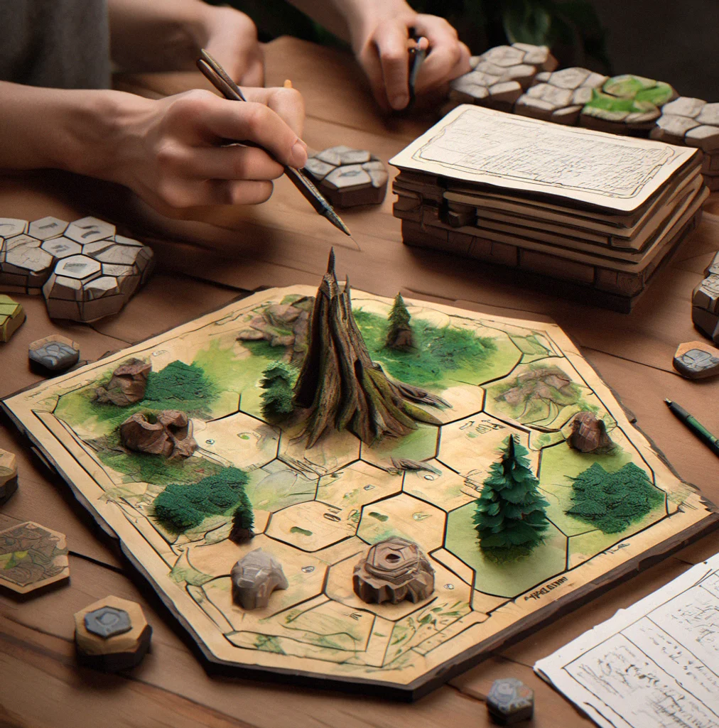 Completed modular terrain set with hexagonal tiles arranged showing forest biome, with lore block cards visible in integrated slots and open reference document