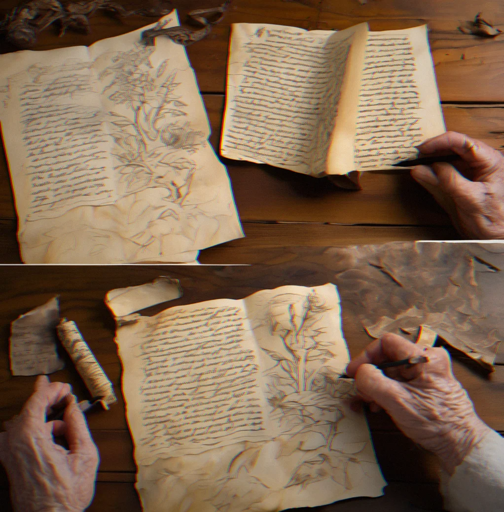 Three sheets of paper showing aging progression from white to dark tea-stained with visible fiber texture