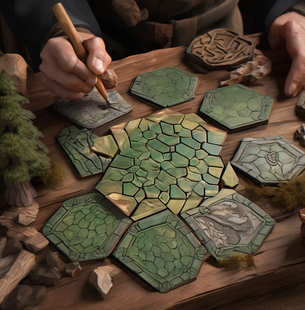 Twelve interlocking heexagonal terrain tiles with integrated lore block slots, painted in forest and mountain tones