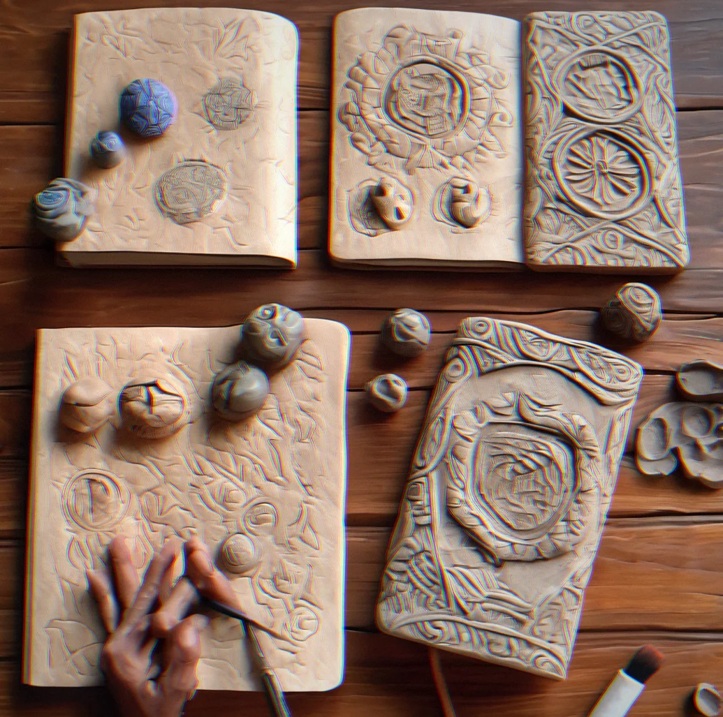 Five polymer clay artifact replicas on a wooden surface, each with distinct texture and metallic finish