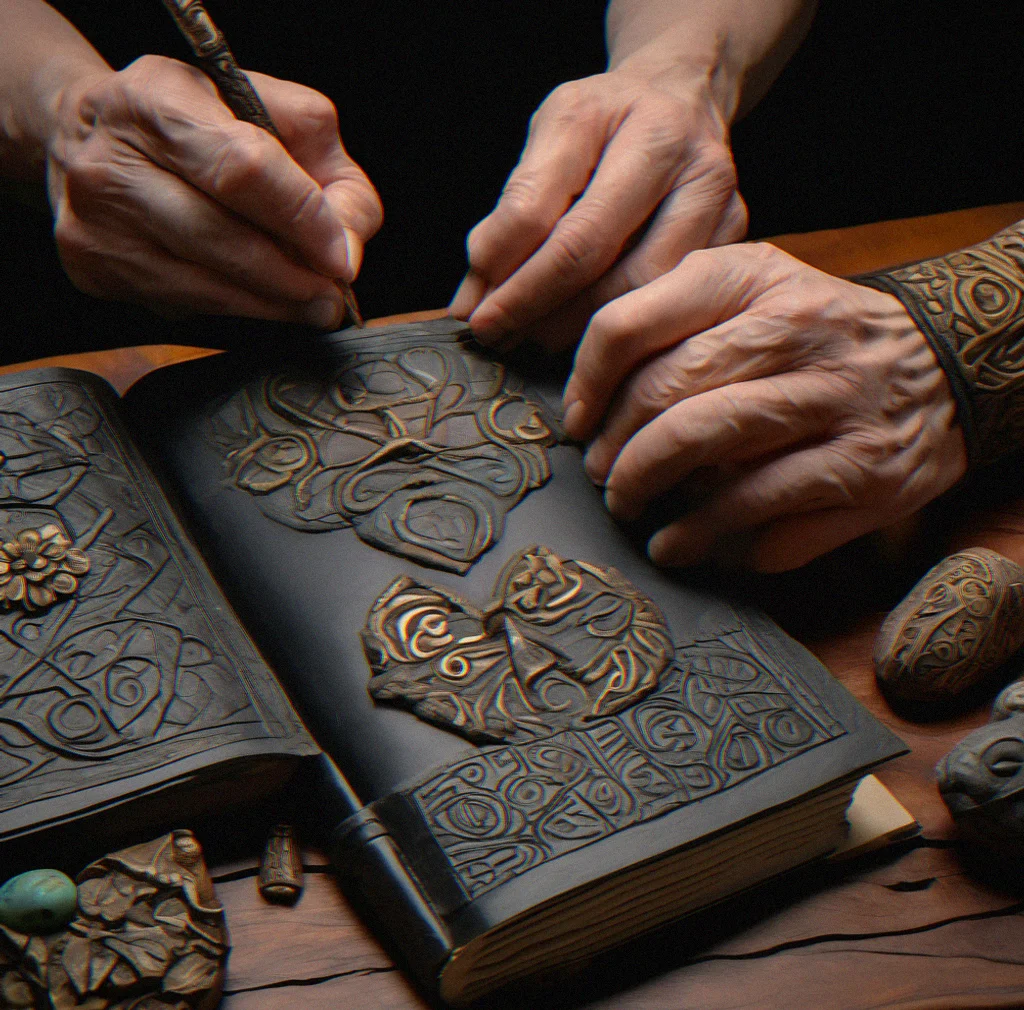 Five polymer clay artifact replicas arranged on black velvet, each with distinct surface texture and metallic patina