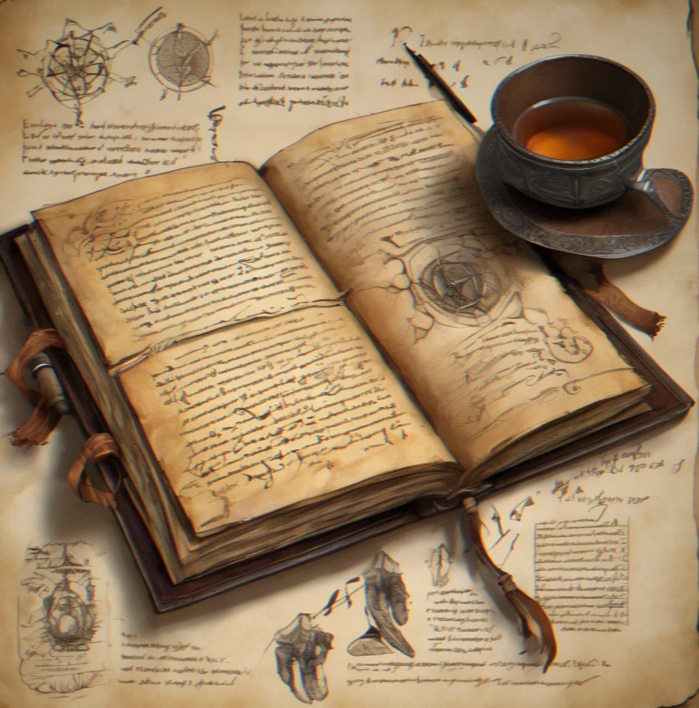 Open leather-bound grimoire with aged pages, handwritten notation in a constructed script, and a tea-stained margin