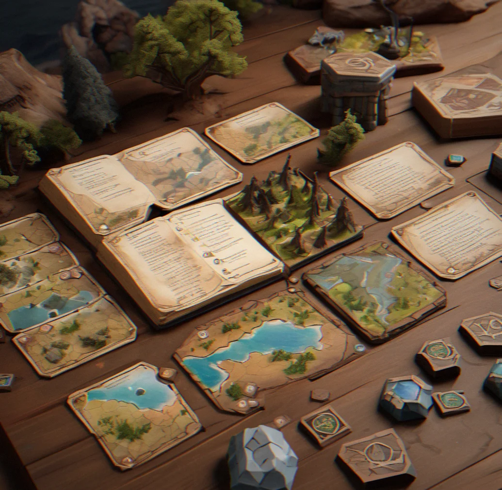 Modular hex terrain set with lore block slots visible, showing forest and coastal biomes with integrated narrative cards