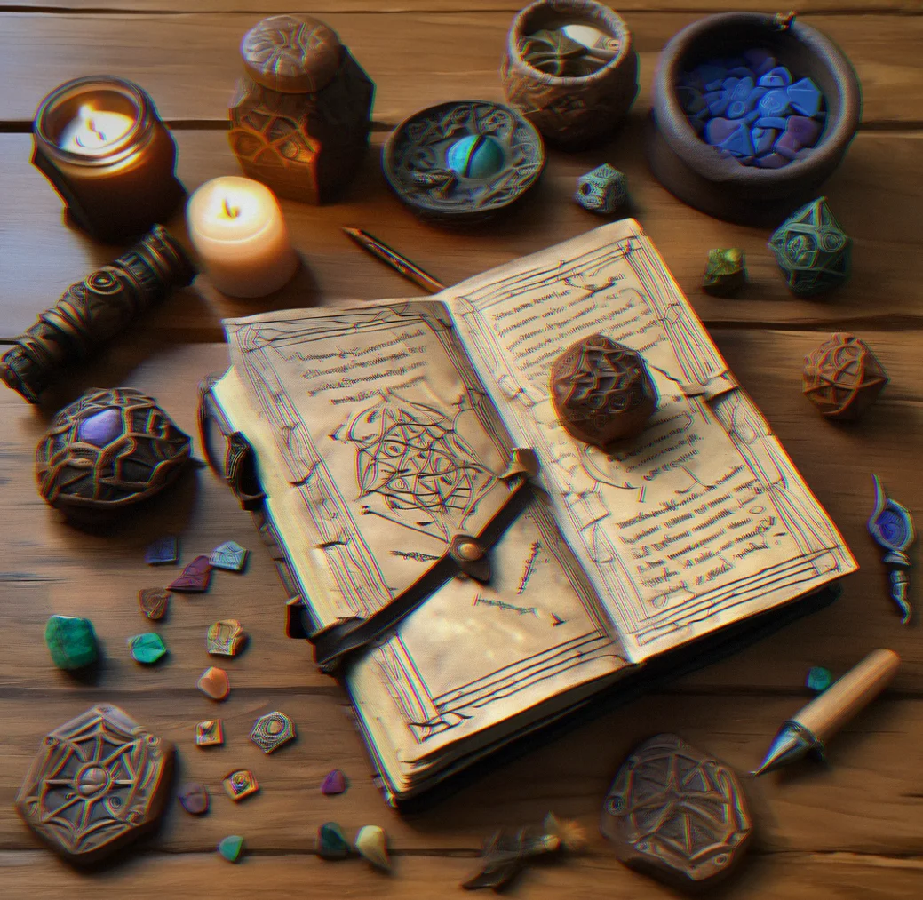 Worn leather-bound grimoire sitting next to handmade polymer clay spell components and a hex terrain tile