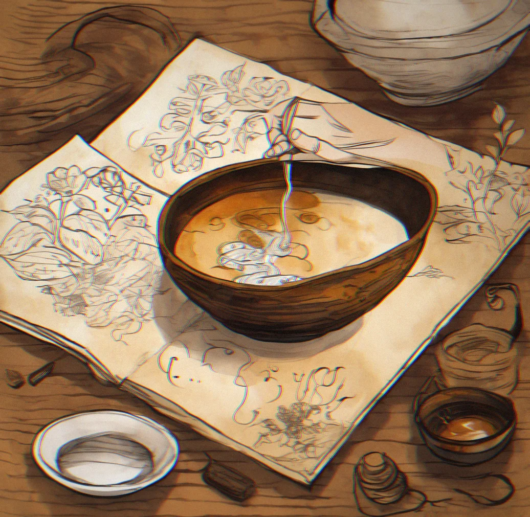 Hands holding tea-stained paper above a ceramic bowl with dark tea liquid
