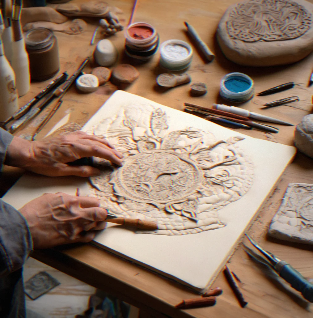 Polymer clay artifact in progress on a work surface with sculpting tools and reference sketches