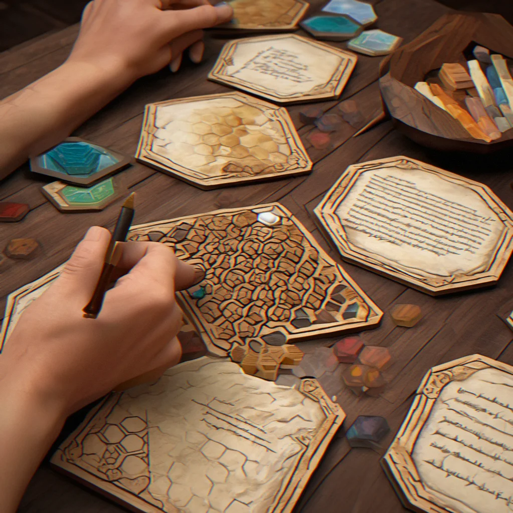 Completed hexagonal terrain tile set arranged in honeycomb paattern with lore cards inserted