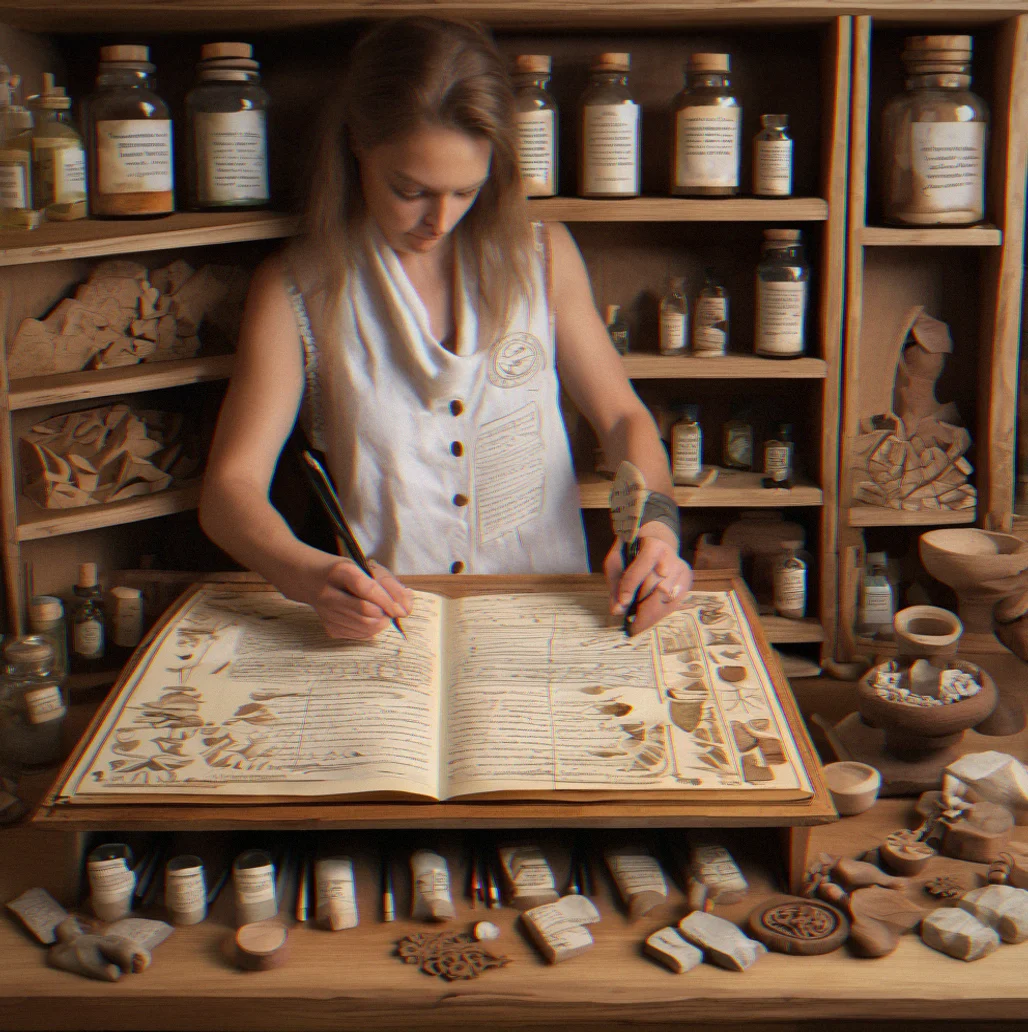 Wooden apothecary-style cabinet with compartments holding labeled spell components and materials