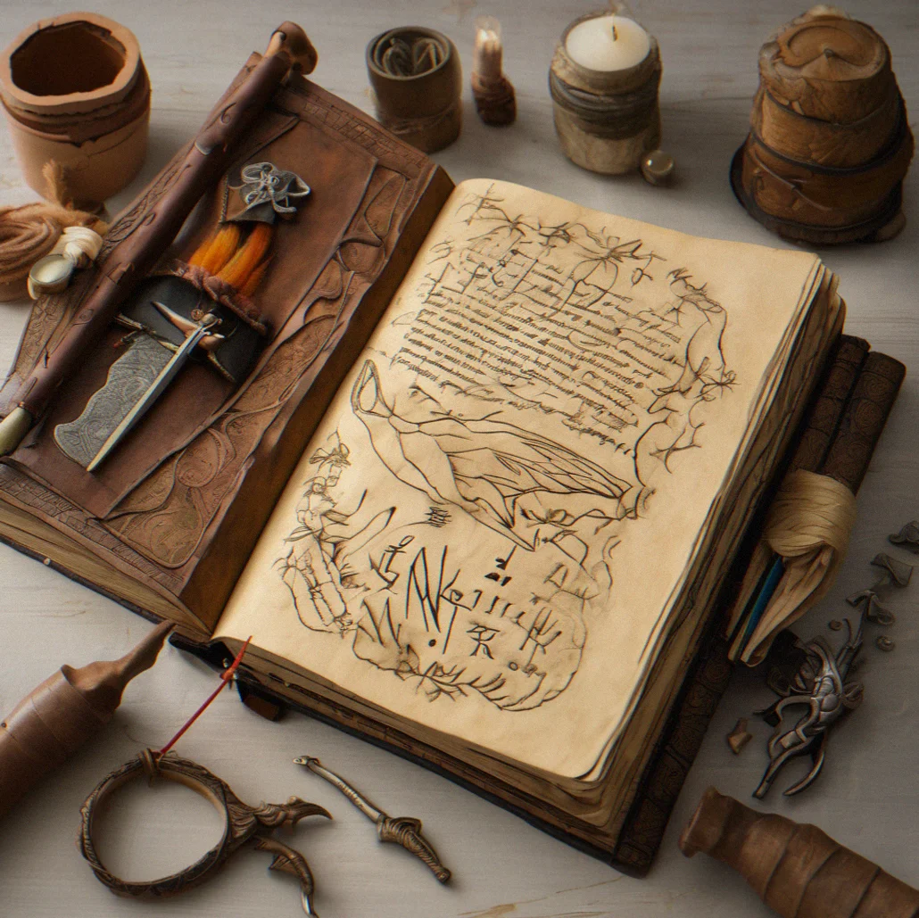 Open grimoire showing sewn signatures and leather spine with decorative tooling