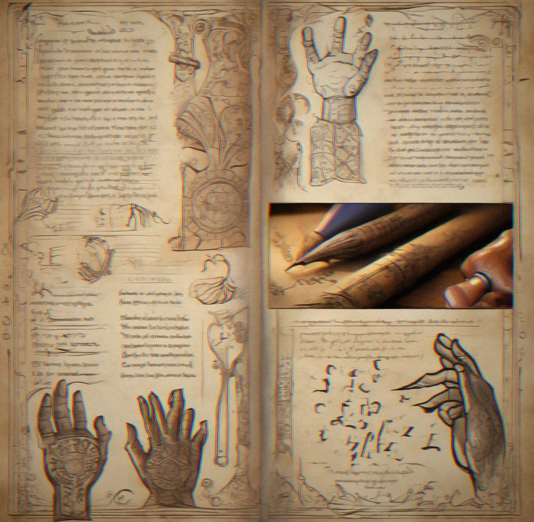 Grimoire page with three different glyph rendering techniques: stamped, hand-drawn and embossed
