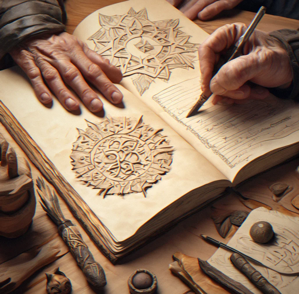 Craftsperson comparing completed artifact replica to open worldbuilding notebook and lore document