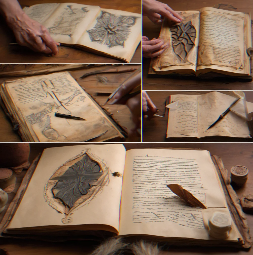 Three grimoire samples made from different paper stocks ranging from basic to premium fiber content