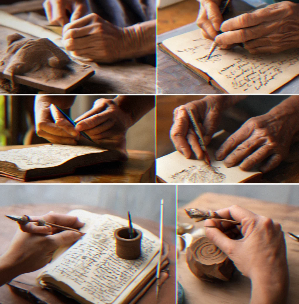 Three different photograpyh angles of completed artifact: flat lay, close detail, and lifestyle context shot